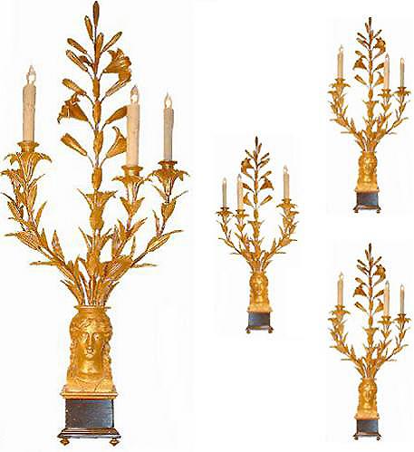 A Set of Four French 18th Century Lis Doré Three-Light Girandoles No. 2557 A Set of Four French 18th Century Lis Doré Three-Light Girandoles No. 2557