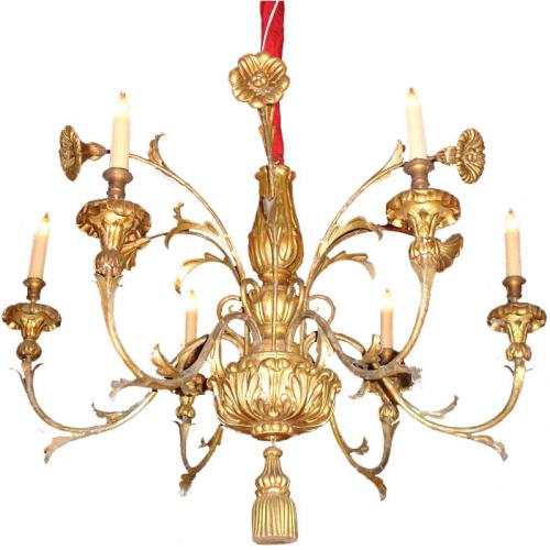 An Unusual 18th Century Italian Six-Light Giltwood and Gilded Metal Chandelier No. 3440 An Unusual 18th Century Italian Six-Light Giltwood and Gilded Metal Chandelier No. 3440