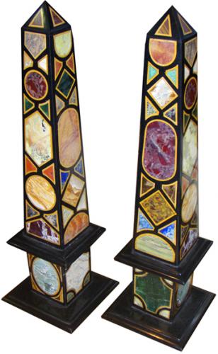 A Colorful Pair of Specimen Marble and other Semi-Precious Stone Obelisks No. 3783 A Colorful Pair of Specimen Marble and other Semi-Precious Stone Obelisks No. 3783