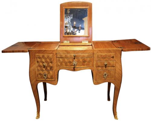 A Louis XV Parisian Amaranth (Purpleheart) and Tulipwood Parquetry Poudreuse Mechanique Dressing Table No. 4006 A Louis XV Parisian Amaranth (Purpleheart) and Tulipwood Parquetry Poudreuse Mechanique Dressing Table No. 4006