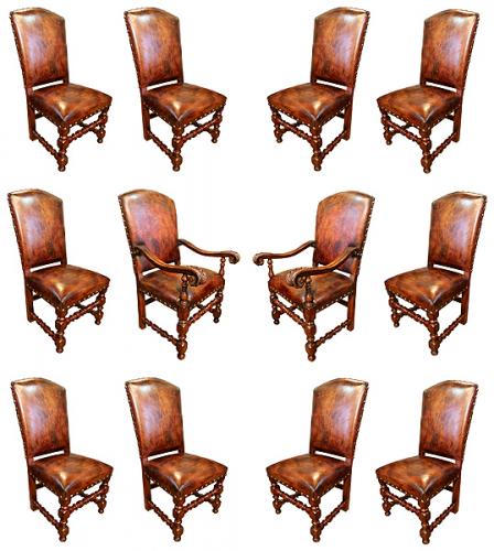 An Italian Set of Twelve 17th Century Baroque Walnut Dining Chairs (10 Side Chairs & 2 Armchairs) No. 4046 An Italian Set of Twelve 17th Century Baroque Walnut Dining Chairs (10 Side Chairs & 2 Armchairs) No. 4046