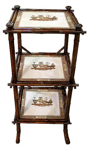 A 19th Century Italian Bamboo and Porcelain Three-Tiered Side Table No. 4049 A 19th Century Italian Bamboo and Porcelain Three-Tiered Side Table No. 4049