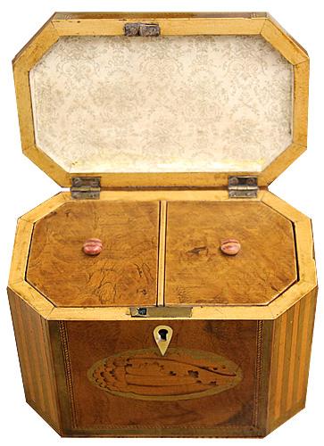 A Late 18th Century English Mahogany Inlaid Wood Tea Caddy No. 4234 A Late 18th Century English Mahogany Inlaid Wood Tea Caddy No. 4234