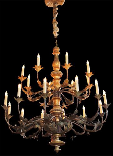 An 18th Century 20-Light Italian Giltwood, Parcel-Gilt Tole and Wrought Iron Chandelier No. 4306 An 18th Century 20-Light Italian Giltwood, Parcel-Gilt Tole and Wrought Iron Chandelier No. 4306