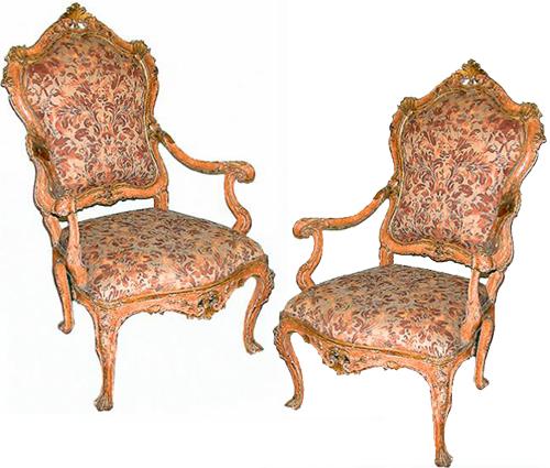 A Pair of Exceptional 18th Century Venetian Salmon Polychrome and Parcel-Gilt Armchairs No. 357 A Pair of Exceptional 18th Century Venetian Salmon Polychrome and Parcel-Gilt Armchairs No. 357