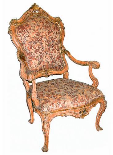 A Pair of Exceptional 18th Century Venetian Salmon Polychrome and Parcel-Gilt Armchairs No. 357 A Pair of Exceptional 18th Century Venetian Salmon Polychrome and Parcel-Gilt Armchairs No. 357