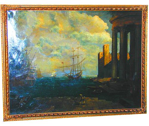 An 18th Century Italian Oil on Canvas, Scenes of Ships in an Italian Harbor No. 1454
