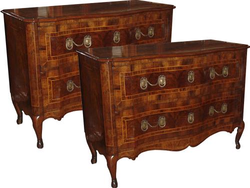 An Important Pair of 18th Century Italian Walnut Parquetry Two-Drawer Commodes No. 3329