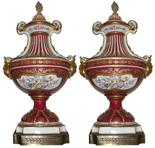 A Pair of 19th Century Red Venetian Porcelain Parcel-Gilt and Enameled Urns No. 3438