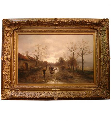 A 19th Century Italian Oil on Canvas,”Peasants with Horses on Village Road” No. 2435