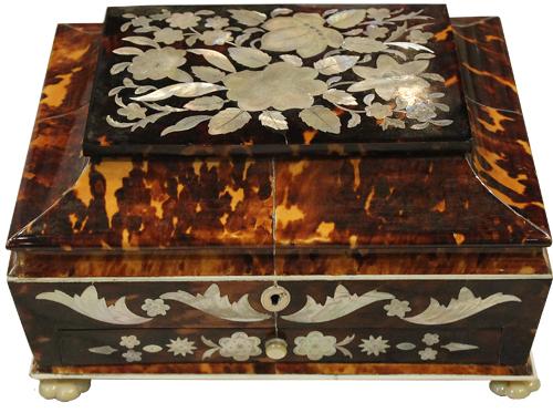 An English Regency 19th Century Tortoiseshell, Bone, Mother-of-Pearl, Abalone, and 925 Sterling Silver Sewing Box No. 4212