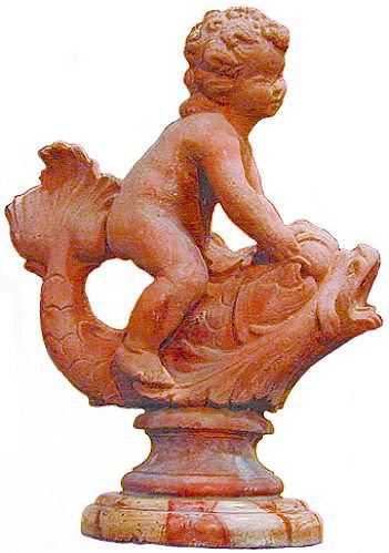 A Whimsical Early 19th Century Terra Cotta Fountain Ornament of a Boy on a Dolphin No. 2296