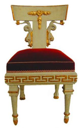 A Rare Set of Six 19th Century Neoclassic Russian Polychrome and Parcel-Gilt Side Chairs No. 1504