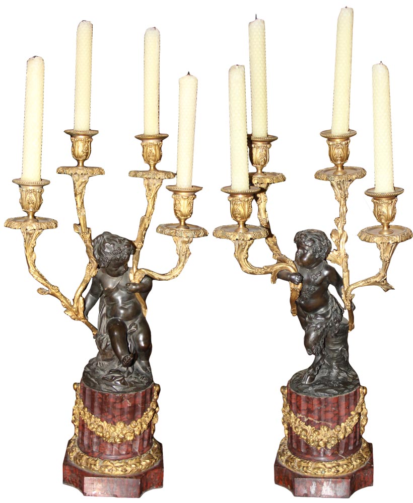 A Pair of Exquisite 19th Century French Louis XVI Gilt-Bronze & Patinated Four-Light Candelabras No. 1014