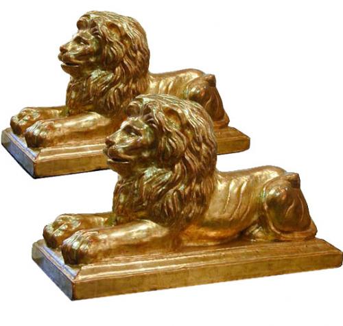 A Regal Pair of 19th Century Gilded Stoneware Lions No. 116