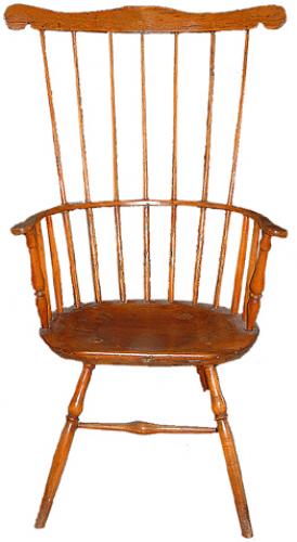 A Well-Patinated 18th Century Fruitwood American Colonial Comb Back Armchair No. 2506