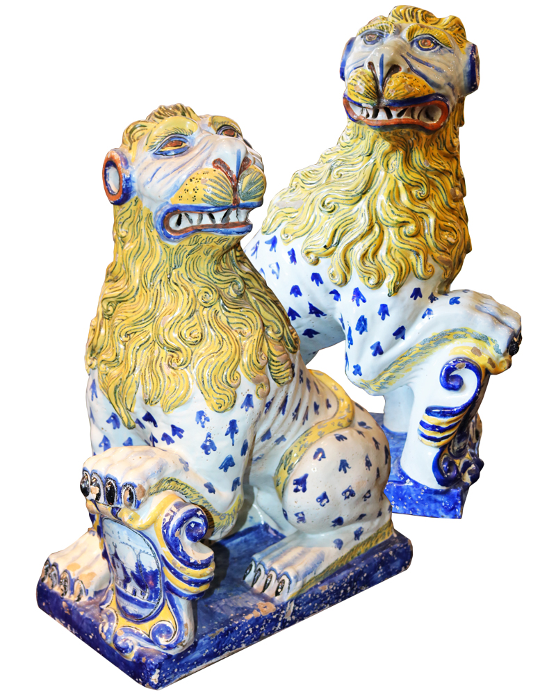 An Exceptional Pair of 18th Century Faience Ceramic Lions No. 1916
