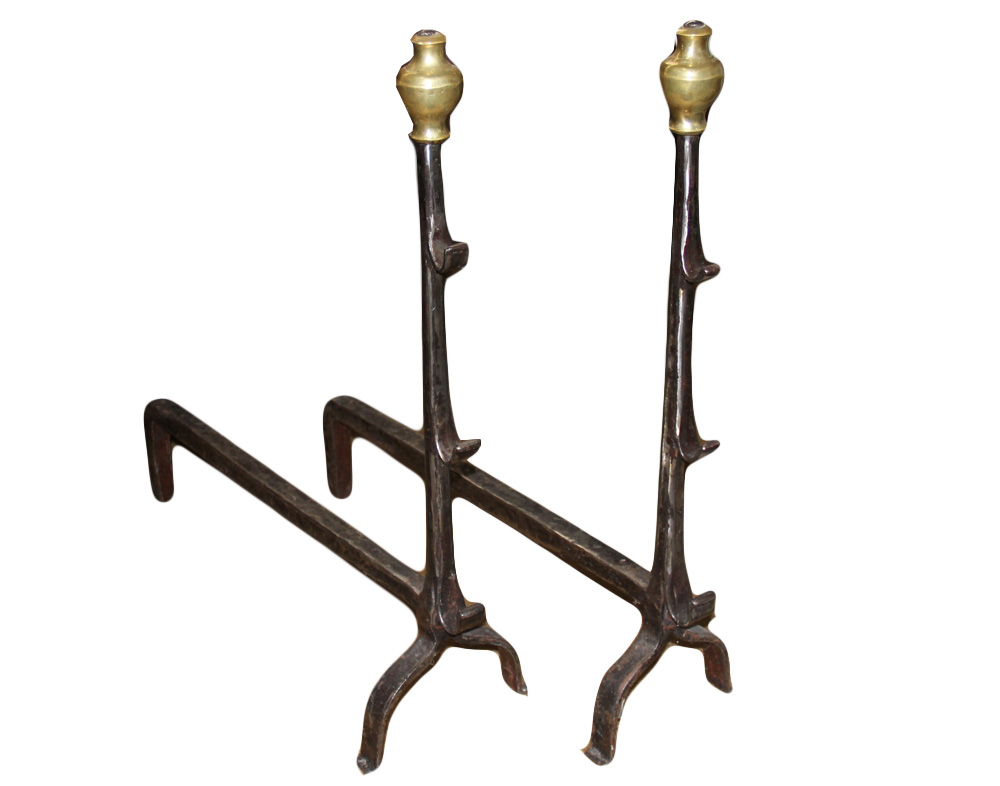 A Pair of 18th Century French Hand-Forged Wrought Iron Andirons No. 1979