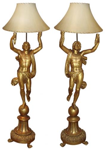 A Pair of Tuscan Giltwood Draped Figural Torchère Floor Lamps No. 705