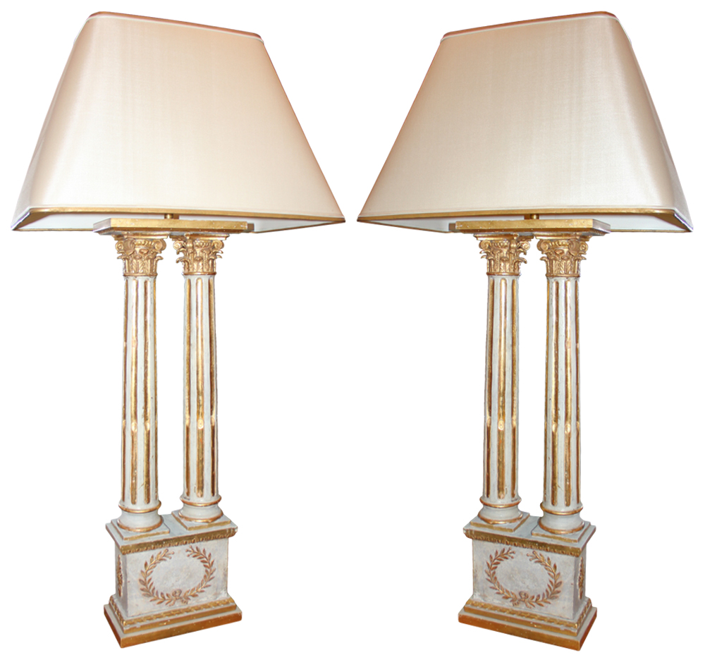 A Pair of Grandly Scaled 18th Century Twin Neoclassical Italian Corinthian Column Lamps No. 2439