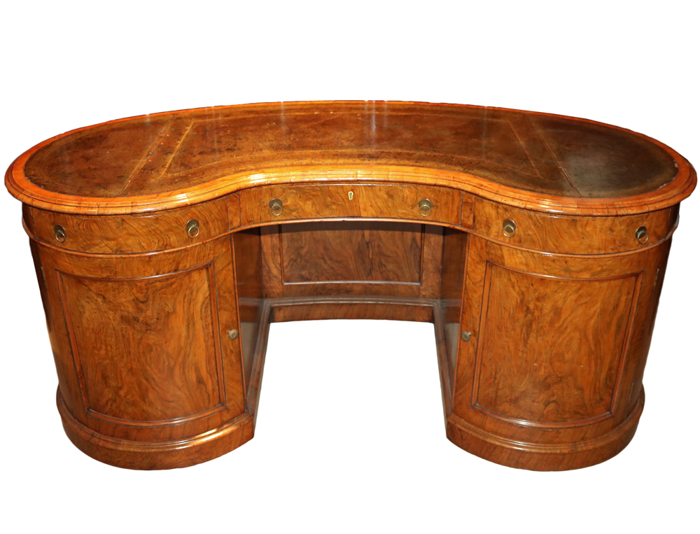 A 19th Century English Burl Walnut and Bird's-Eye Maple Kidney-Shaped Pedestal Desk No. 2594