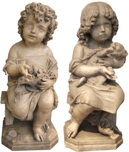 A 19th Century Pair of Carrara Marble Statues, "Joy and Sadness" Signed by Milanese Master Sculptor Antonio Tantardini No. 2601
