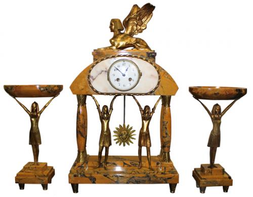 A Vintage French Egyptian Revival Yellow Siena Marble and Brass Mantel Clock Garniture Set No. 3970