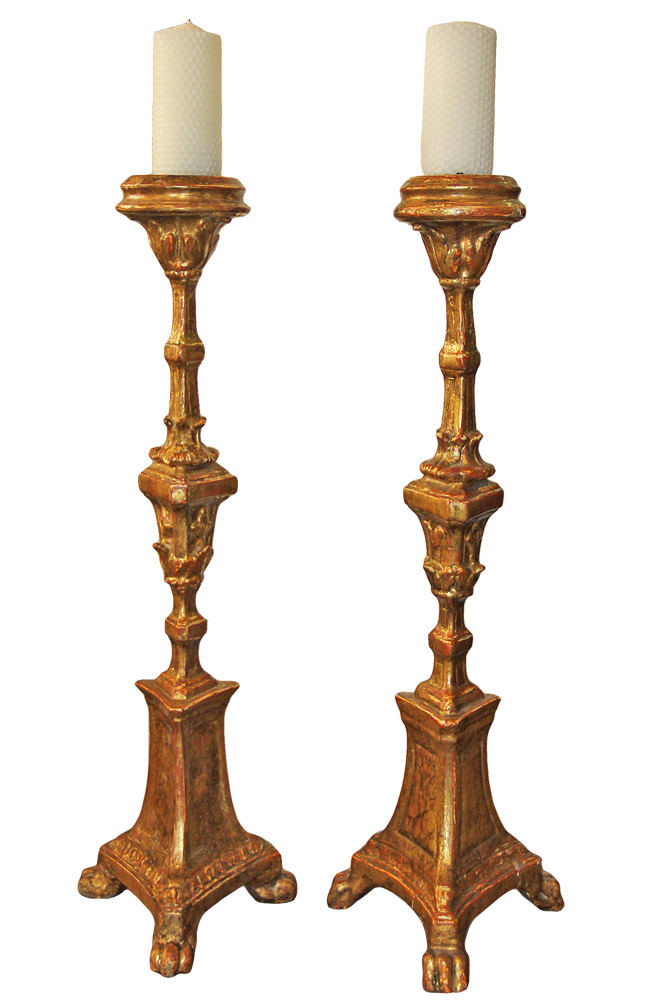 A Well-Sized Pair of Italian 18th Century Carved Mecca Giltwood Pricket Sticks No. 3092
