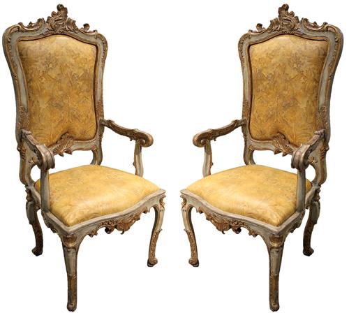 A Pair of Italian Louis XV 18th Century Venetian Polychrome and Parcel-Gilt Fauteuil Armchairs No. 4092