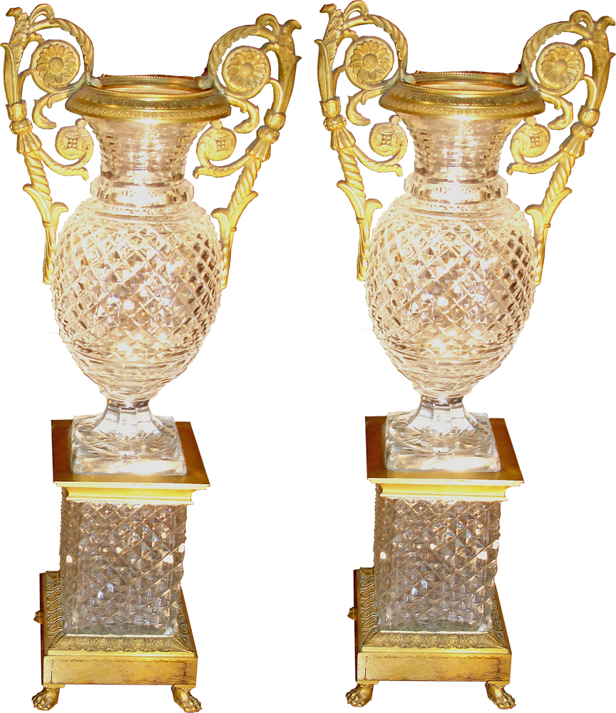 Pair of Cut Leaded Crystal and Ormolu Urns No. 3567