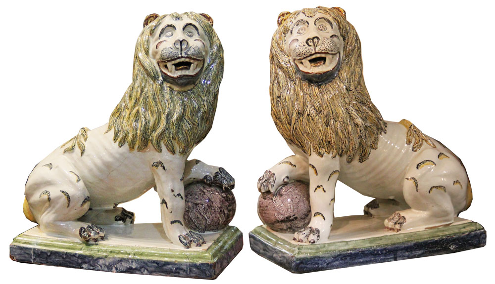 A Pair of 18th Century Angouleme Faience Seated Lions No. 3651