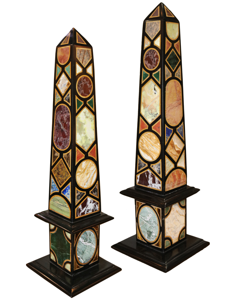 A Colorful Pair of Specimen Marble and Other Semi-Precious Stone Obelisks No. 3783