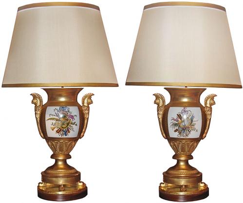 An Elegant Pair of Gilded Porcelain de Paris Vases, Now Electrified as Lamps No. 2185