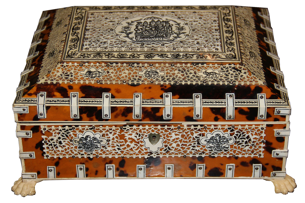 A 19th Century Anglo-Indian Vizagapatam Sandalwood, Tortoiseshell, Bone and Silver Studded Jewelry Box No. 4579