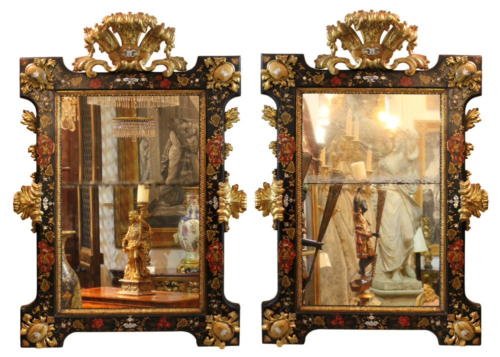 An Incomparable Pair of 18th Century Venetian Palazzo Parcel-Gilt, Polychrome, Mother-of-Pearl and Semi-Precious Stone Accented Mirrors No. 4643