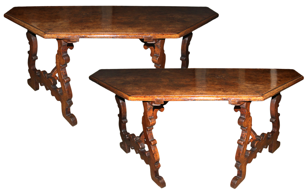 A Pair of 17th Century Tuscan Walnut Lyre-Legged Trestle Console Tables No. 4663